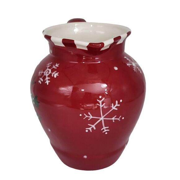 Snowman And Snowflakes Red Christmas Ceramic Pitcher Holiday Decor 7x7in - Picture 3 of 8